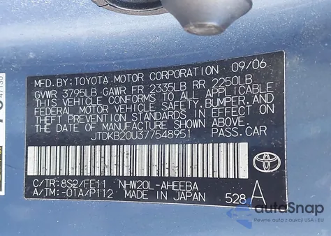 2007 Toyota Prius из США, поврежденный, VIN JTDKB20U377548951